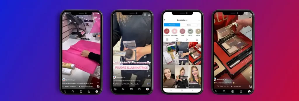 Example de 4 écrans mobile de reels d'Instagram