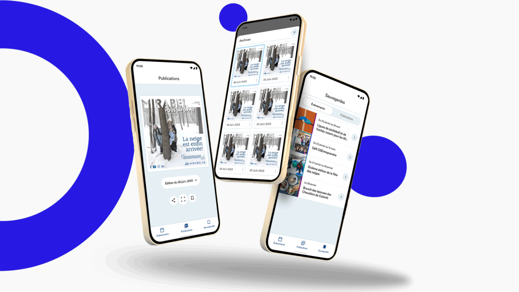 Visuel de 3 écrans de téléphones affichant une édition, les archives et un article sauvegardé de l'application Mirabel.